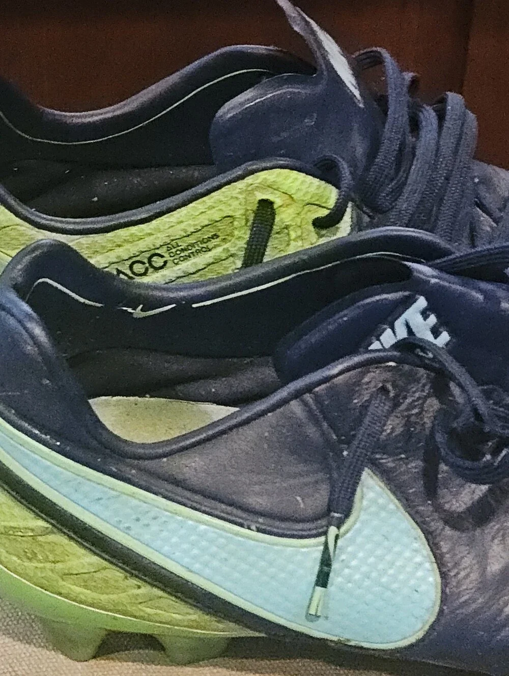 Nike TIEMPO Men's Navy Blue Soccer Training Shoes with Aqua and Lime Accents